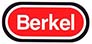Vit text på en röd bakgrund omringad av en svart linje, har texten 'Berkel' i mitten.