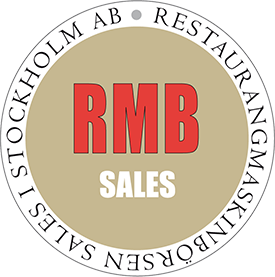 En cirkel med beige bakgrund och röda bokstäver. Omringas av texten: 'Restaurangmaskinbörsen Sales i Stockholm'